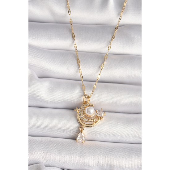 316L Gold Renk Zirkon Taşlı Ay Yıldız Model Sallantı Detay Kadın Kolye - TJ-BKO9672