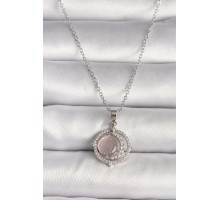 316L Çelik Gümüş Renk Zirkon Taşlı Pembe Sedefli Hilal Model Kadın Kolye - TJ-BKO9701