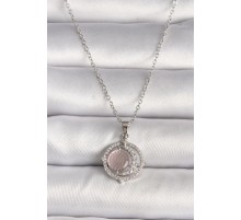 316L Çelik Gümüş Renk Zirkon Taşlı Pembe Sedefli Hilal Model Kadın Kolye - TJ-BKO9701