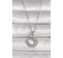 316L Çelik Gümüş Renk Zirkon Taşlı Beyaz Sedefli Hilal Model Kadın Kolye - TJ-BKO9702