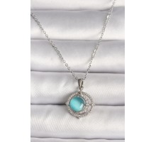 316L Çelik Gümüş Renk Zirkon Taşlı Mavi Sedefli Hilal Model Kadın Kolye - TJ-BKO9703