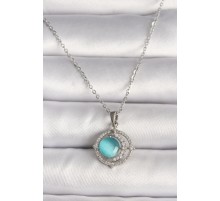 316L Çelik Gümüş Renk Zirkon Taşlı Mavi Sedefli Hilal Model Kadın Kolye - TJ-BKO9703