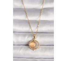 316L Çelik Gold Renk Zirkon Taşlı Turuncu Sedefli Hilal Model Kadın Kolye - TJ-BKO9704