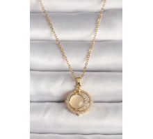 316L Çelik Gold Renk Zirkon Taşlı Sarı Sedefli Hilal Model Kadın Kolye - TJ-BKO9705