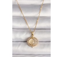 316L Çelik Gold Renk Zirkon Taşlı Sarı Sedefli Hilal Model Kadın Kolye - TJ-BKO9705