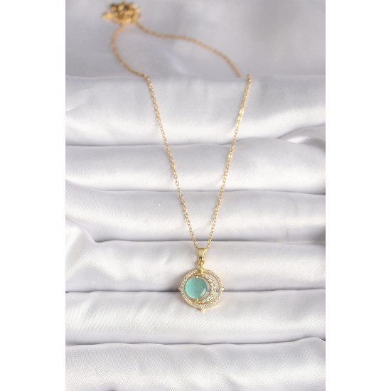 316L Çelik Gold Renk Zirkon Taşlı Yeşil Sedefli Hilal Model Kadın Kolye - TJ-BKO9706