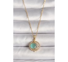 316L Çelik Gold Renk Zirkon Taşlı Yeşil Sedefli Hilal Model Kadın Kolye - TJ-BKO9706