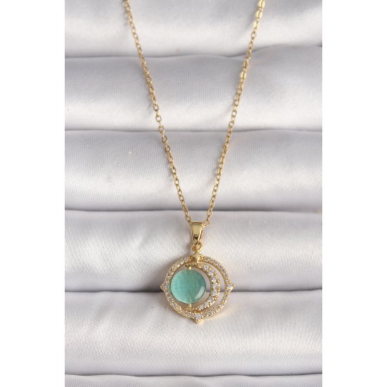 316L Çelik Gold Renk Zirkon Taşlı Yeşil Sedefli Hilal Model Kadın Kolye - TJ-BKO9706