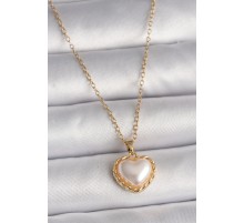 316L Çelik Gold Renk Zincir 3D İnci Kalp Model Kadın Kolye - TJ-BKO9713