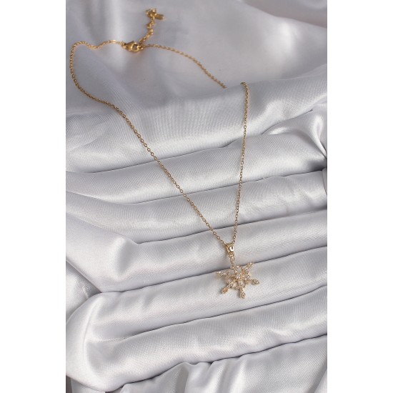 316L Çelik Gold Renk Zincir Zirkon Taşlı Kar Tanesi Model Kadın Kolye - TJ-BKO9717