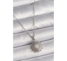 316L Çelik Gümüş Renk Zincir Beyaz Mineli Güneş Model Kadın Kolye - TJ-BKO9719
