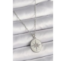 316L Çelik Gümüş Renk Zincir Beyaz Mineli Zirkon Taşlı Kutup Yıldız İşleme Kadın Kolye - TJ-BKO9723