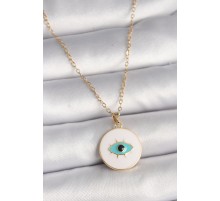 316L Çelik Gold Renk Zincir Beyaz Mineli Turkuaz Göz İşleme Model Kadın Kolye - TJ-BKO9730