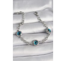 316L Çelik Gümüş Renk Zincir Model Nazar Boncuklu Kadın Bileklik - TJ-BB6653