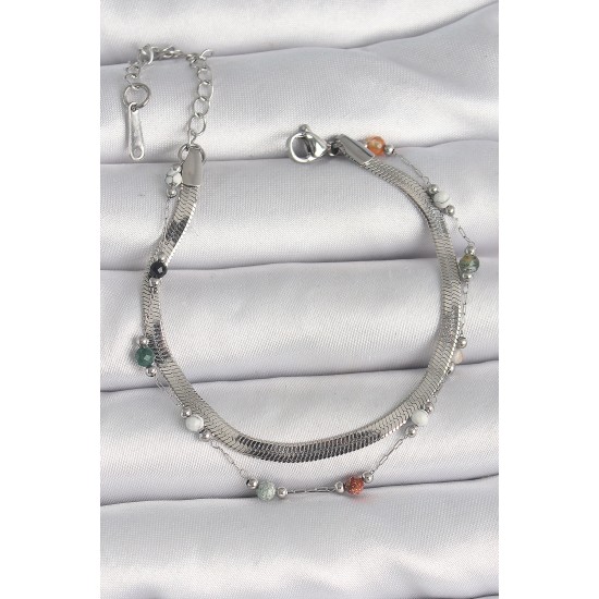 316L Çelik Gümüş Renk 2'li İtalyan Zincir Kristal Taş Detay Kadın Bileklik - TJ-BB6666