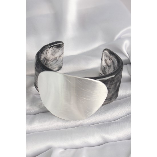 Siyah Mermer Desen Akrilik Pilastik Gümüş Plaka Model Vintage Kadın Bilezik - TJ-BB6669