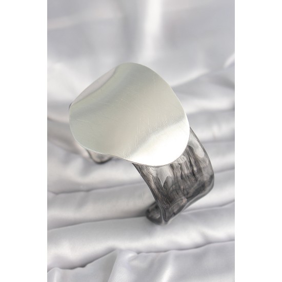 Siyah Mermer Desen Akrilik Pilastik Gümüş Plaka Model Vintage Kadın Bilezik - TJ-BB6669