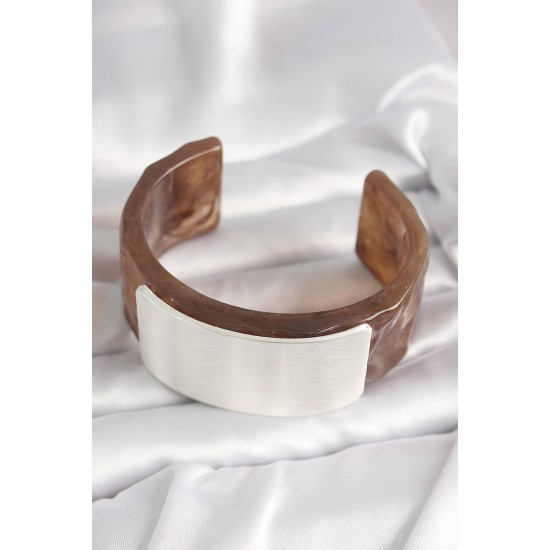 Kahverengi Mermer Desen Akrilik Plastik Gümüş Dikdörtgen Plaka Vintage Kadın Bilezik - TJ-BB6676