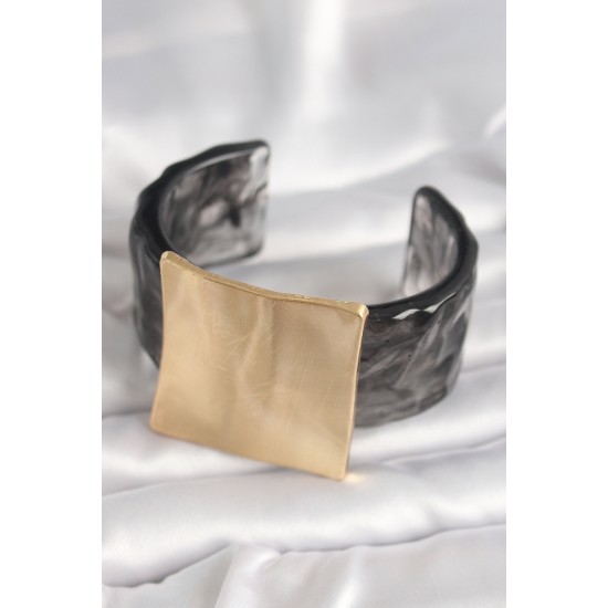Siyah Mermer Desen Akrilik Plastik Gold Kare Plaka Model Vintage Kadın Bilezik - TJ-BB6681
