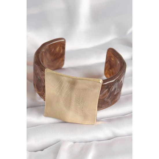 Kahverengi Mermer Desen Akrilik Plastik Gold Kare Plaka Model Vintage Kadın Bilezik - TJ-BB6682