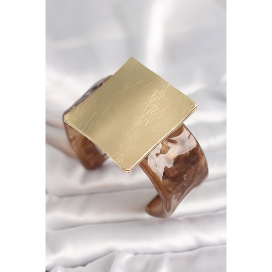 Kahverengi Mermer Desen Akrilik Plastik Gold Kare Plaka Model Vintage Kadın Bilezik - TJ-BB6682