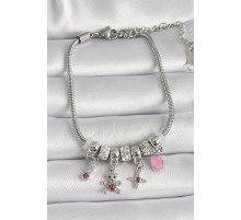 316L Çelik Gümüş Renk Zincir Sallantı Zirkon Taşlı Ayıcık Figür Yıldız Detay Kadın Bileklik - TJ-BB6705