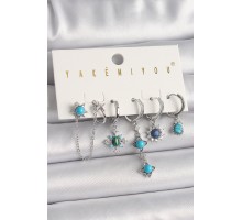 Pirinç Gümüş Renk Zirkon Taş Detaylı Mavi Boncuklu Çiçek Model VIP Seri Kadın Küpe Kombini - TJ-BKP10055