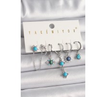 Pirinç Gümüş Renk Zirkon Taş Detaylı Mavi Boncuklu Çiçek Model VIP Seri Kadın Küpe Kombini - TJ-BKP10055