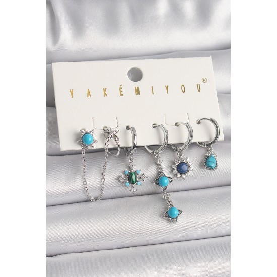 Pirinç Gümüş Renk Zirkon Taş Detaylı Mavi Boncuklu Çiçek Model VIP Seri Kadın Küpe Kombini - TJ-BKP10055