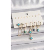 Pirinç Gold Renk Zirkon Taşlı Mavi Boncuklu Çiçek Model VIP Seri Kadın Küpe Kombini - TJ-BKP10056