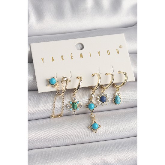 Pirinç Gold Renk Zirkon Taşlı Mavi Boncuklu Çiçek Model VIP Seri Kadın Küpe Kombini - TJ-BKP10056