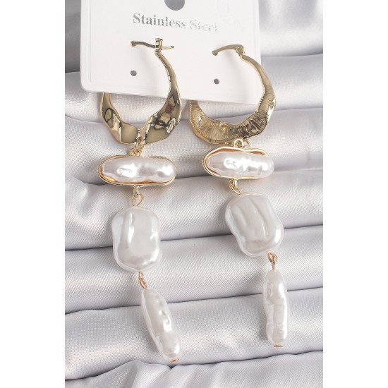 Pirinç Gold Renk Sallantı Ezme İnci Model Kadın Küpe - TJ-BKP10074