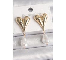 Pirinç Gold Renk Kalp Model Sallantı İnci Damla Model Kadın Küpe - TJ-BKP10075