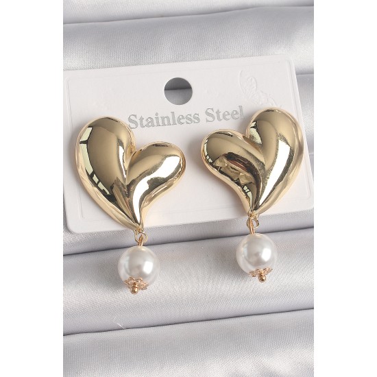 Pirinç Gold Renk Kalp Model Sallantı İnci Detay Kadın Küpe - TJ-BKP10080