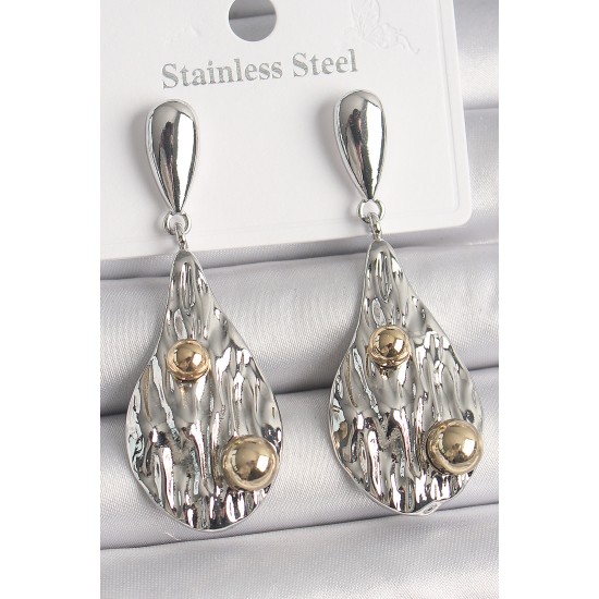 Pirinç Gümüş Renk Sallantı Damla Model Gold Topçuk Detay Kadın Küpe - TJ-BKP10088