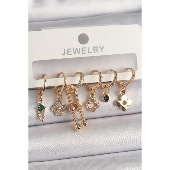 Pirinç Gold Renk Çoklu Figür Kadın Küpe Seti - TJ-BKP10094