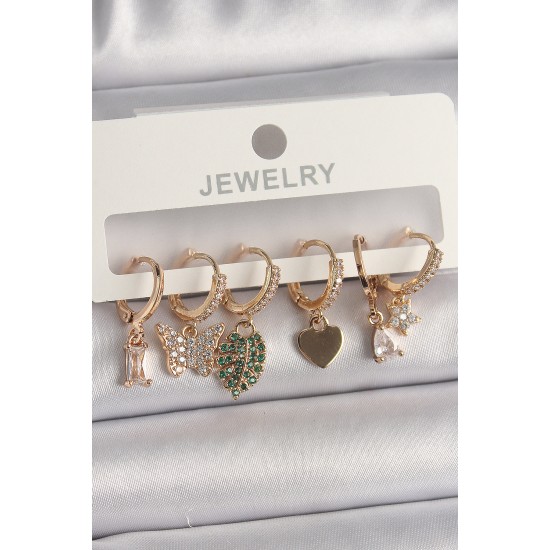 Pirinç Gold Renk Renkli Kelebek Figür Çoklu Figür Kadın Küpe Seti - TJ-BKP10096