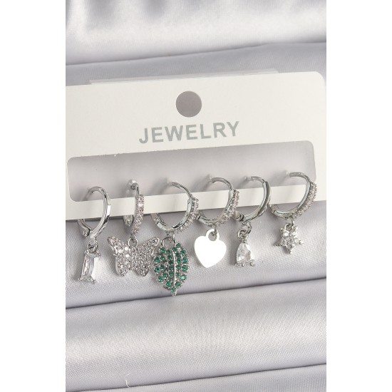 Pirinç Gümüş Renk Zirkon Taşlı Çoklu Figür Kadın Küpe Seti - TJ-BKP10097