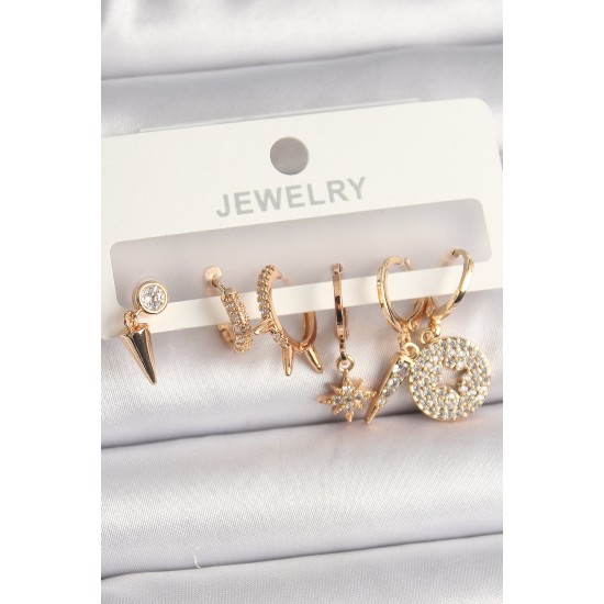 Pirinç Gold Renk Zirkon Taşlı Çoklu Figür Kadın Küpe Seti - TJ-BKP10102