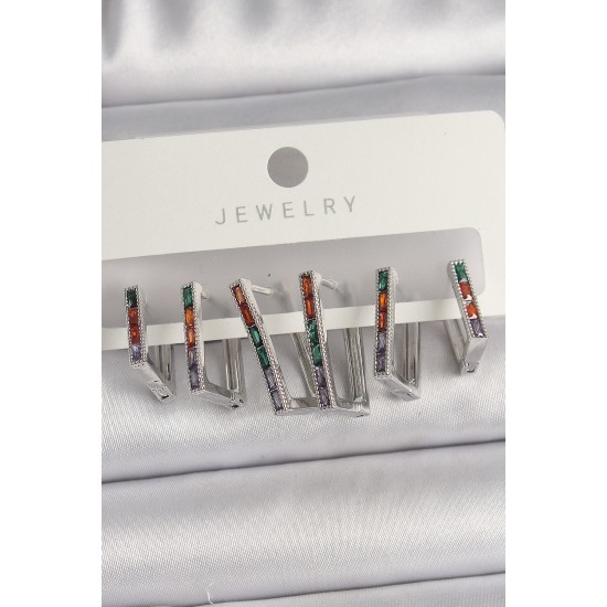 Pirinç Gümüş Renk Renkli Zirkon Taşlı Kare Model Kadın Küpe Seti - TJ-BKP10107