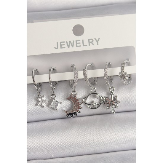 Pirinç Gümüş Renk Zirkon Taşlı Gezgen Model Kadın Küpe Seti - TJ-BKP10113