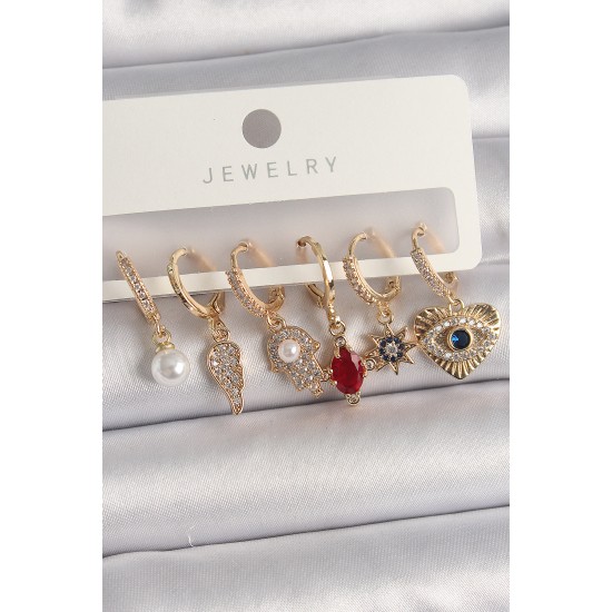 Pirinç Gold Renk Sallantı Zirkon Taşlı Fatma Ana El Figür Kadın Küpe Seti - TJ-BKP10116