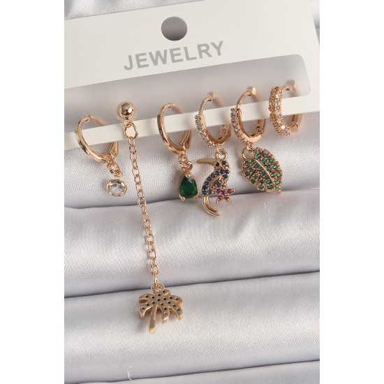 Pirinç Gold Renk Sallantı Zirkon Taşlı Ağaç Figür Kadın Küpe Seti - TJ-BKP10118