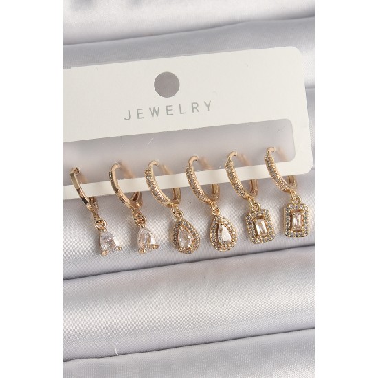 Pirinç Gold Renk Sallantı Zirkon Taşı Damla Model Kadın Küpe Seti - TJ-BKP10120