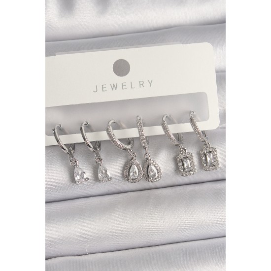 Pirinç Gümüş Renk Sallantı Zirkon Taşlı Damla Model Kadın Küpe Seti - TJ-BKP10121