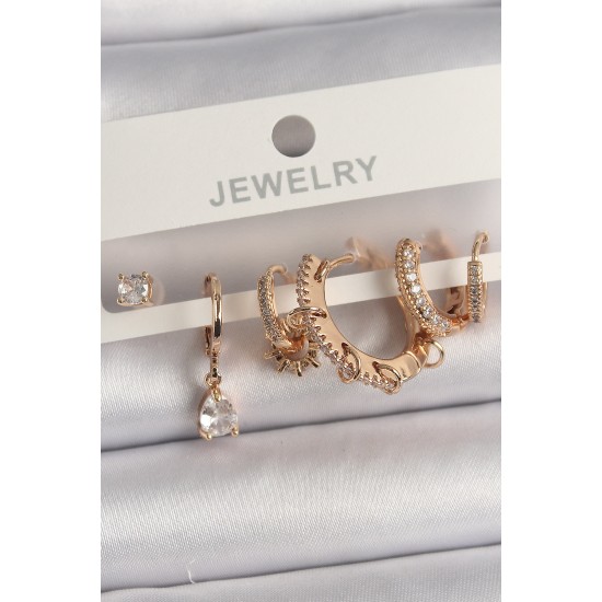 Pirinç Gold Renk Sallantı Zirkon Taşlı Halka Model Damla Zirkon Taş Detay Çoklu Kadın Küpe Seti - TJ-BKP10124