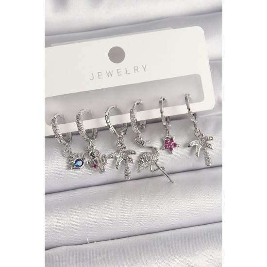 Pirinç Gümüş Renk Sallantı Zirkon Taşlı Deve Kuşu Figür Çoklu Kadın Küpe Seti - TJ-BKP10127