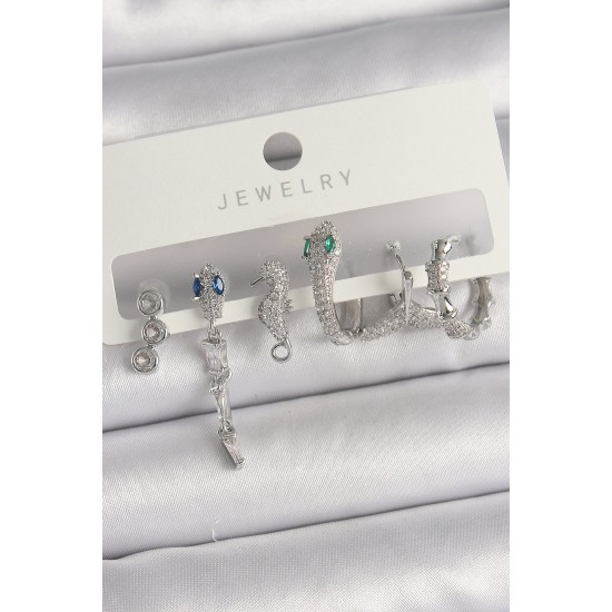 Pirinç Gümüş Renk Sallantı Zirkon Taşlı Yılan Model Kadın Küpe Seti - TJ-BKP10133