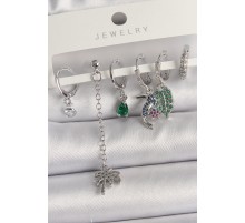 Pirinç Gümüş Renk Sallantı Zirkon Taşlı Ağaç Figür Çoklu Kadın Küpe Seti - TJ-BKP10119