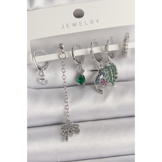 Pirinç Gümüş Renk Sallantı Zirkon Taşlı Ağaç Figür Çoklu Kadın Küpe Seti - TJ-BKP10119